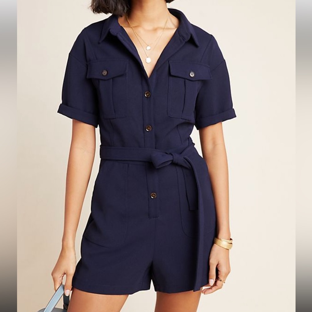 Greylin x Anthropologie Navy Blue Collared Button Up Delton Romper NWT size XS
